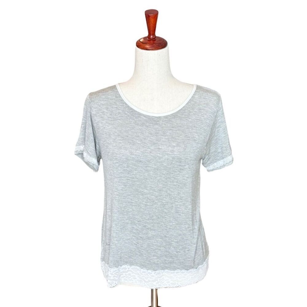Kathy Ireland Short Sleeve Pajama Lounge Top Lace Trim Gray Med